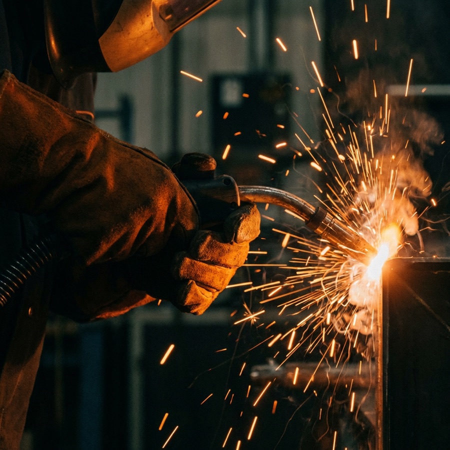 Schweißer arbeitet mit Funkenflug an einem Metallstück